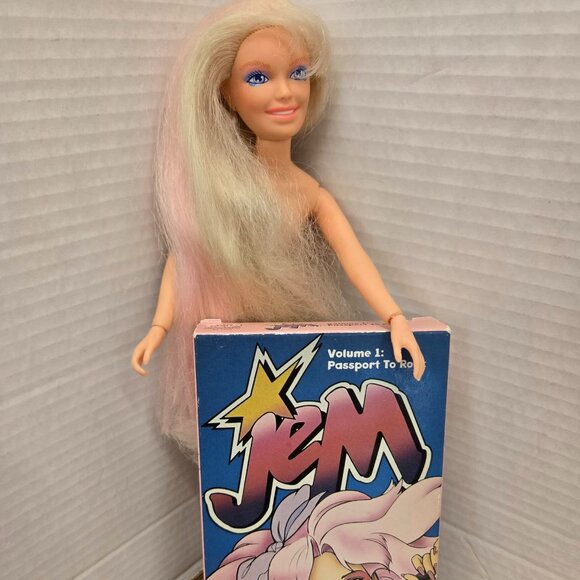 vintage Rock & Curl Jem Doll no clothes or shoes and VHS tape - Picture 1 of 2